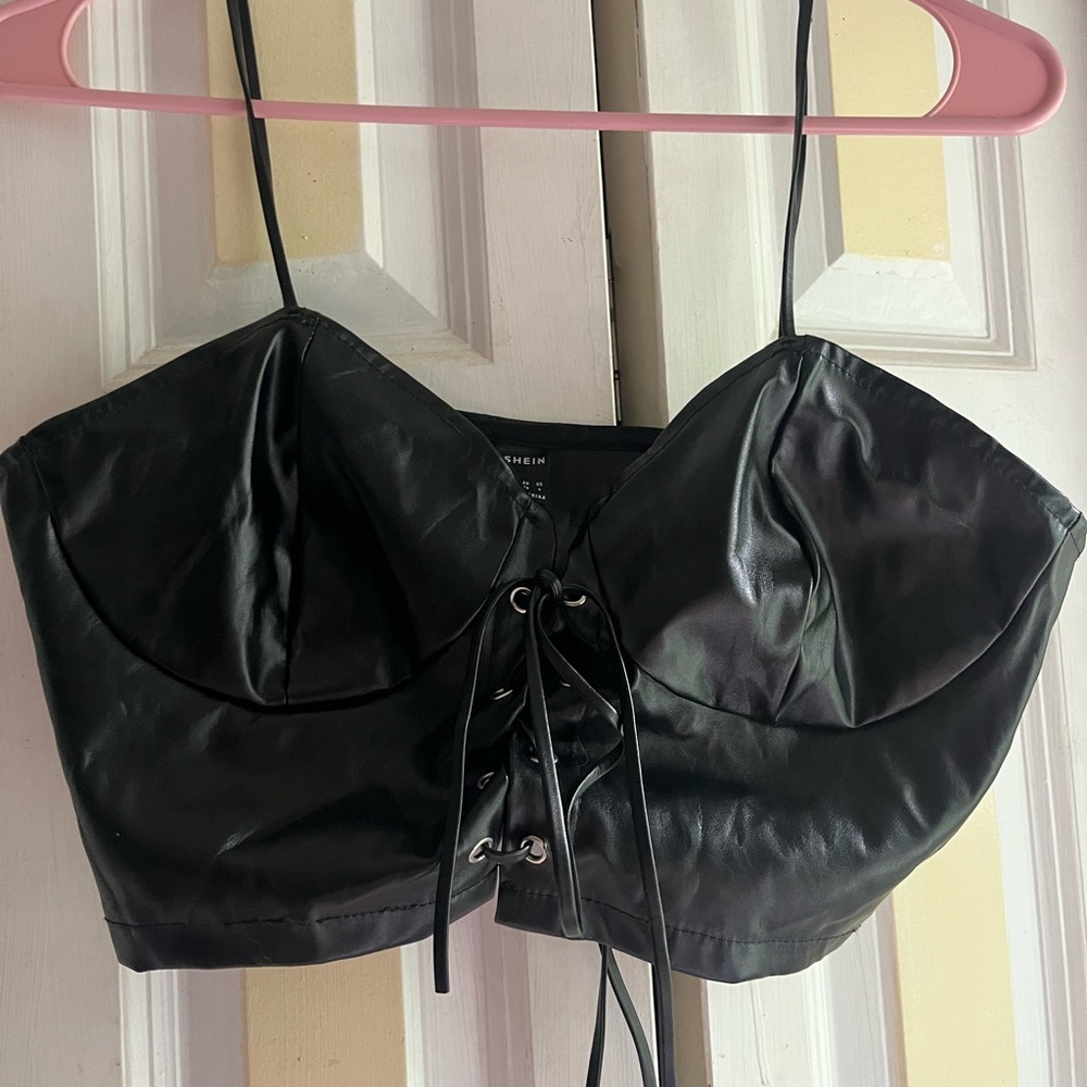 SHEIN Black Crop Bustier Top with Adjustable Lace Up Front, Size Small